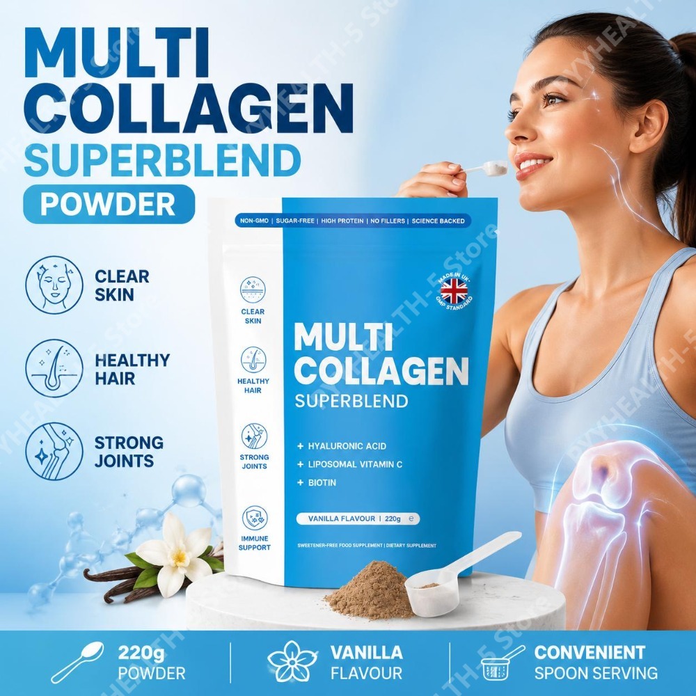 Vitamin C Powder - マルチコラーゲンスーパーブレンドパウダー（ヒアルロン酸、リポソームビタミンC、ビオチン配合）、非遺伝子組み換え、砂糖不使用、バニラ風味、220g