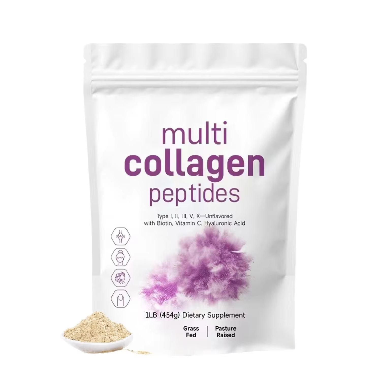 Vitamin C Powder - 454G マルチコラーゲンペプチドパウダー - プロテインサプリメント、タイプI、II、III、V、X、ヒアルロン酸、ビタミンC配合、飲み物に混ぜて使用
