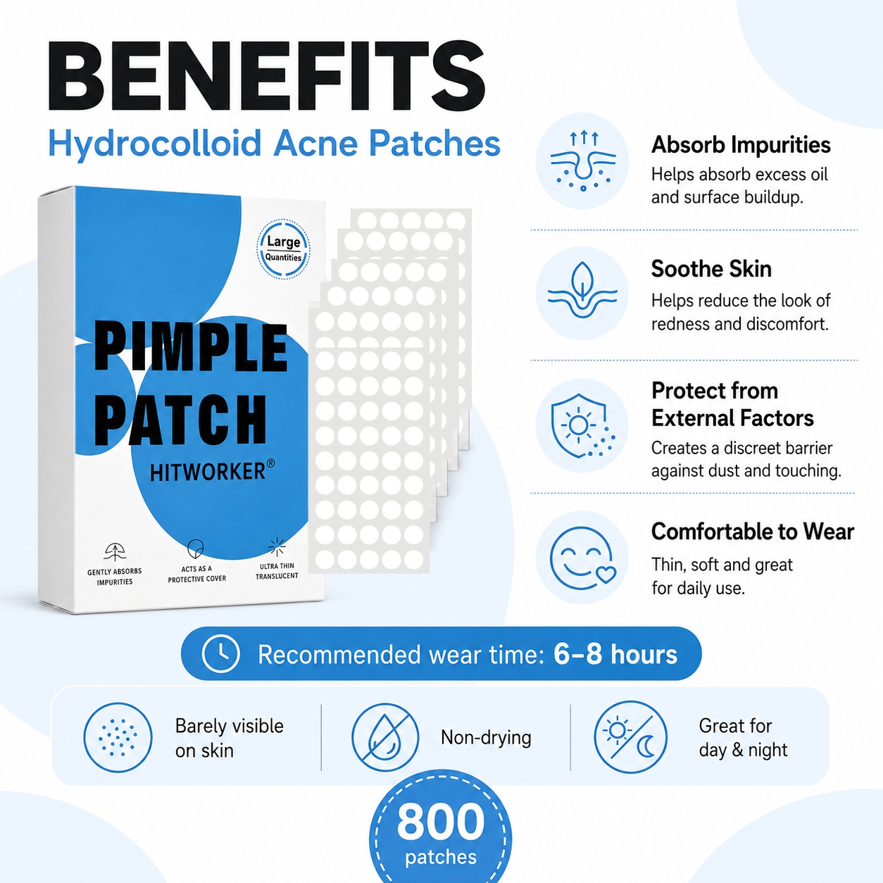 800枚入りハイドロコロイドニキビパッチ、目立たない傷跡隠し - Skincare Acne のレビューと価格